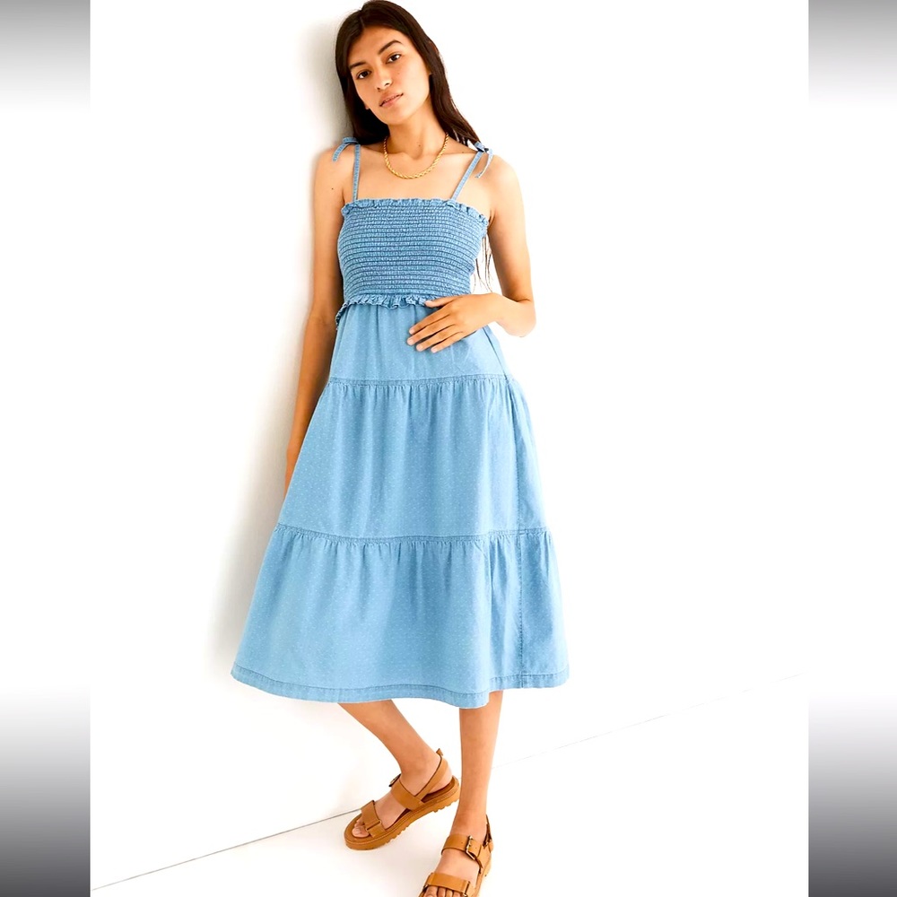 Madewell Blue Denim Lucie Tie-Strapped Smocked Midi Dress